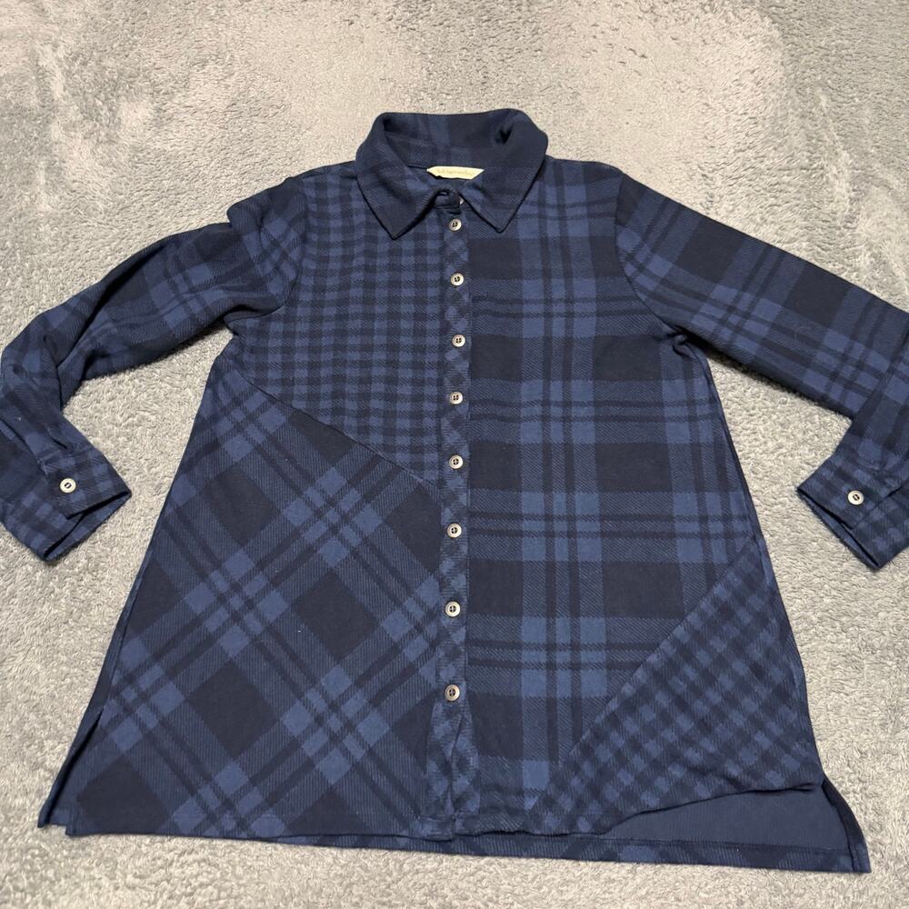 Soft Surroundings Shirt Womens Petite XS Blie Plaid Button Front Knit Top 3DT30
